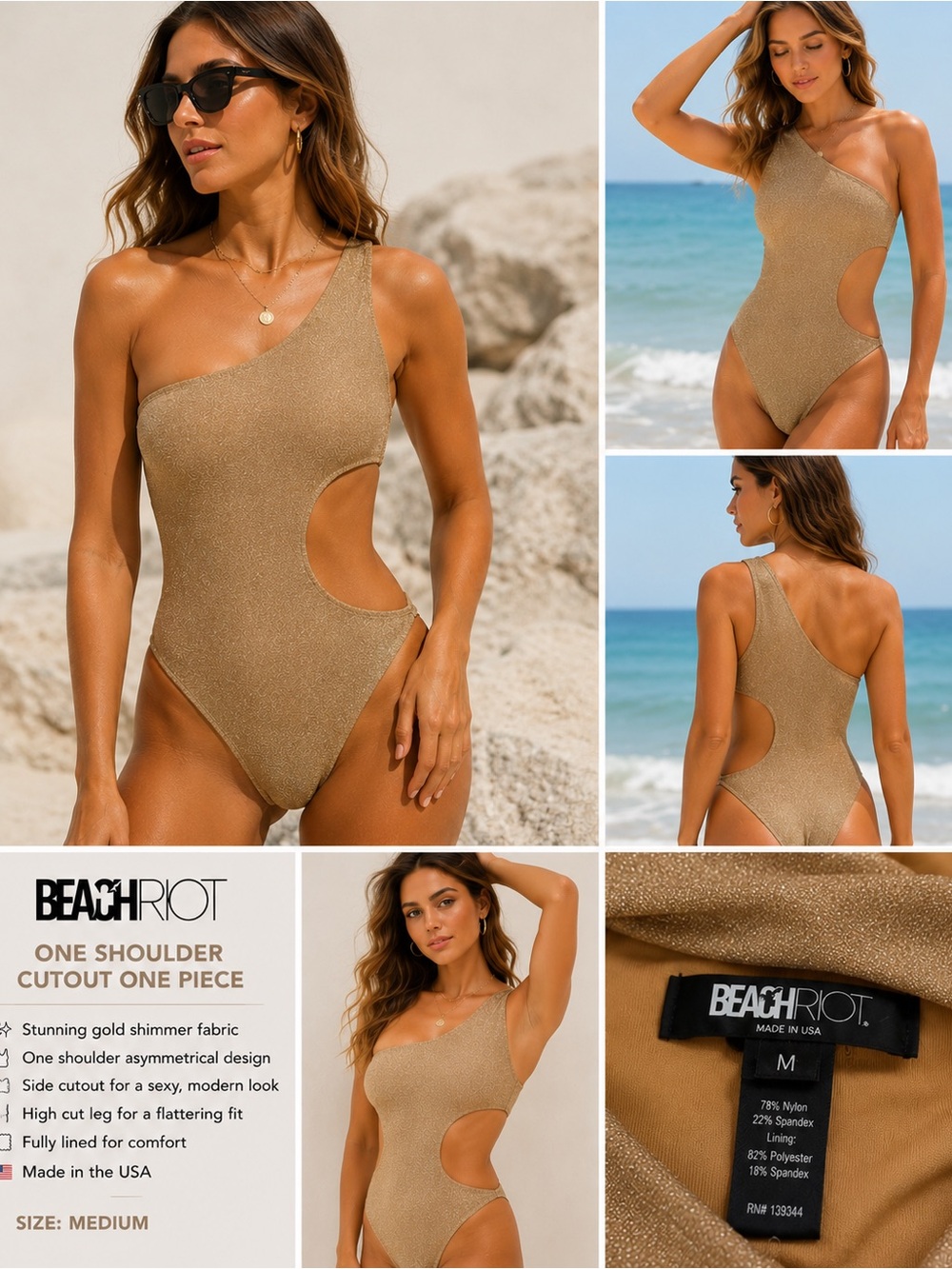 Beach Riot Gold Shimmer One Shoulder One Piece Swimsuit Size Medium